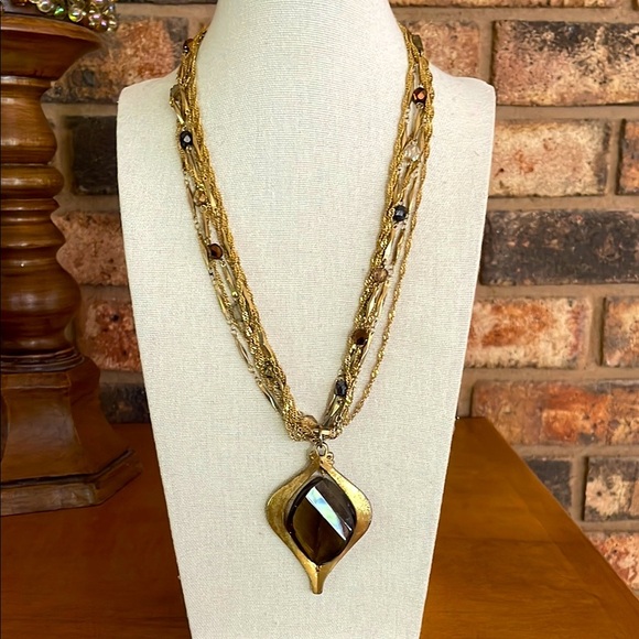 Jessica Simpson 7 strand gold tone statement necklace brown pendant and AB beads - Picture 1 of 7